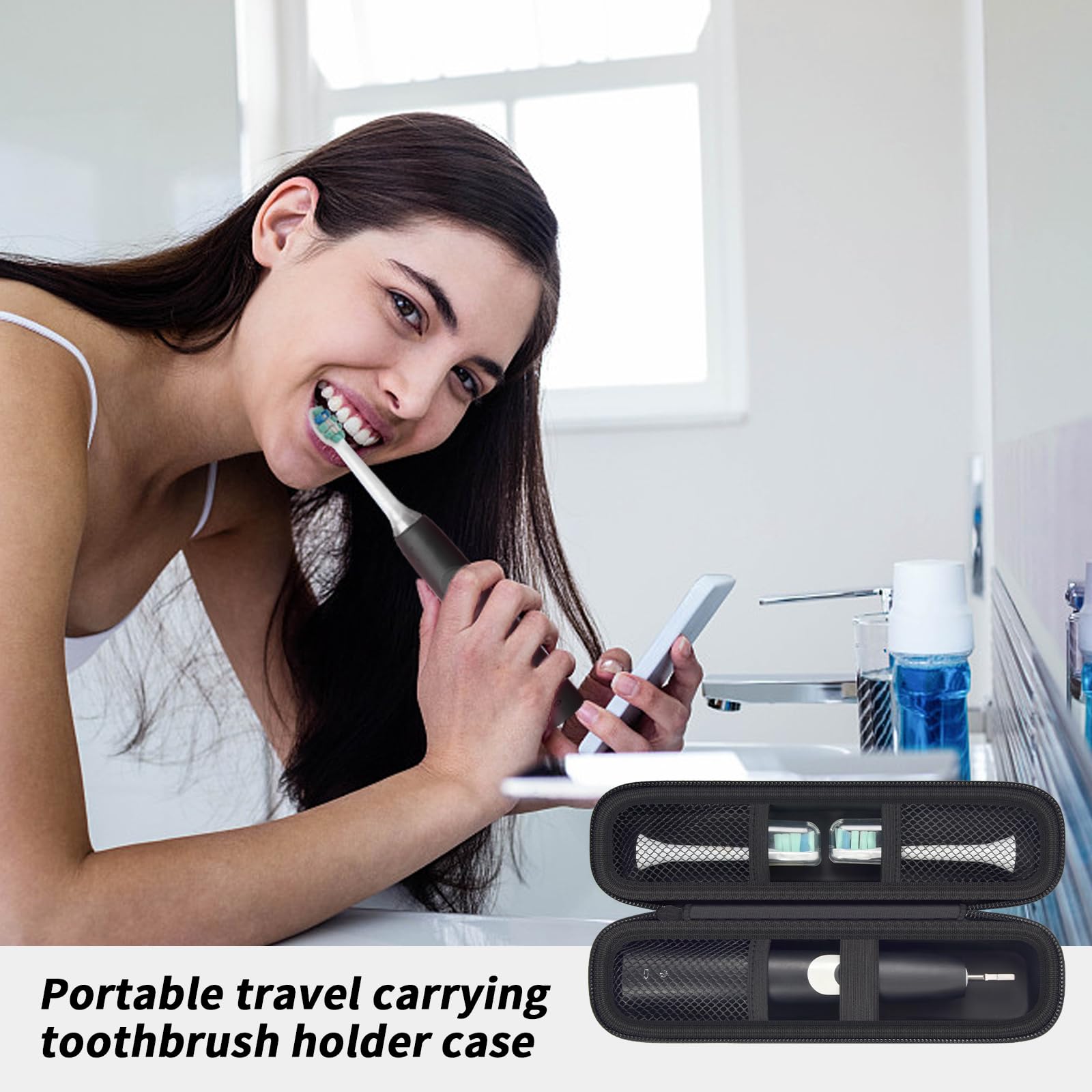 Woman using an electric toothbrush beside the open black slim case