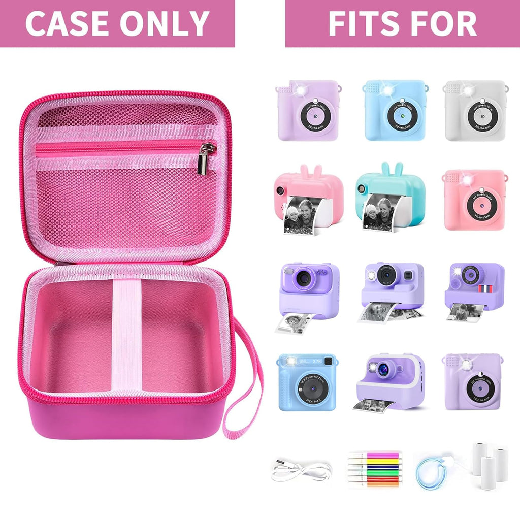 Magenta kids instant print camera case shown open beside a compatible kids instant print camera and accessories