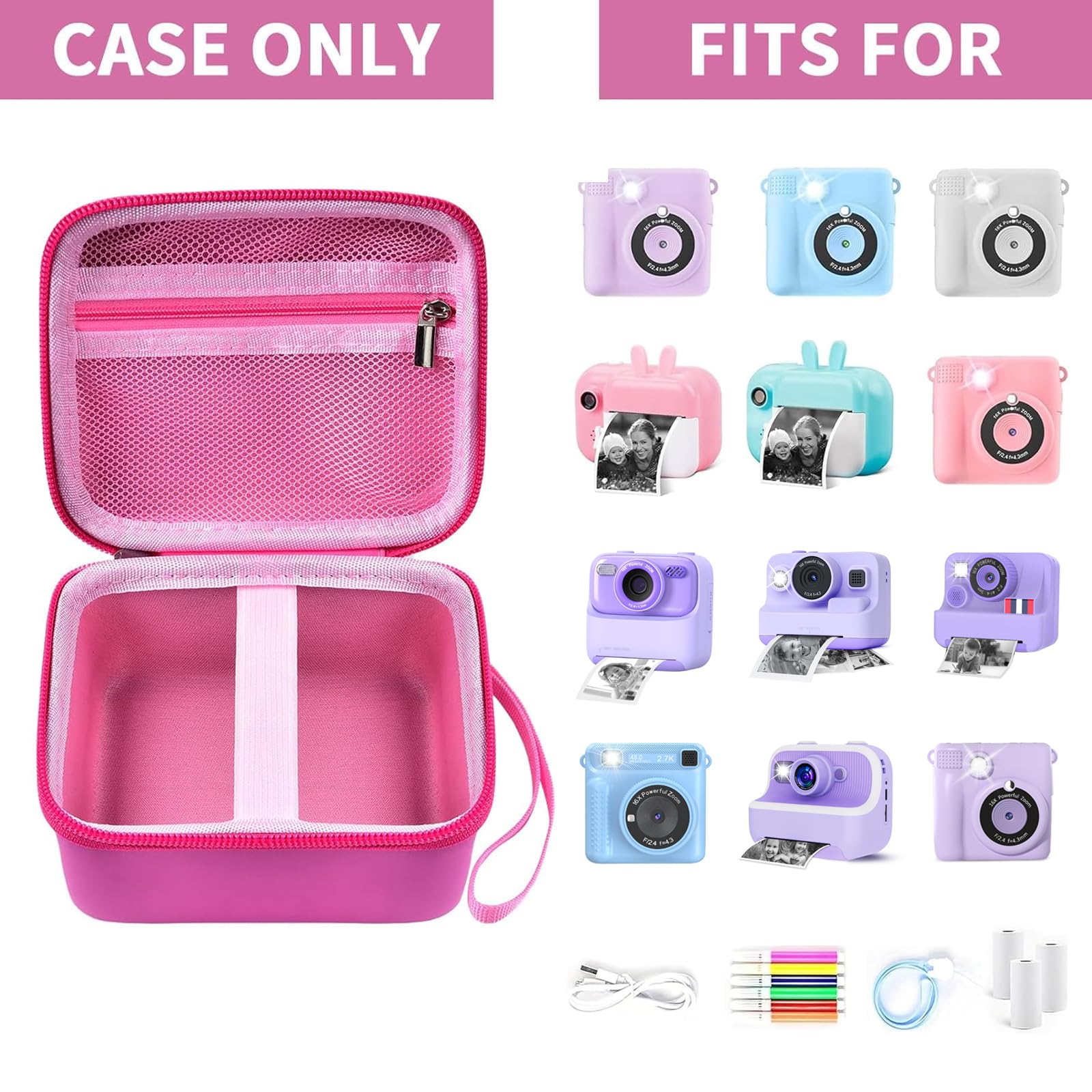 Magenta kids instant print camera case shown open beside a compatible kids instant print camera and accessories