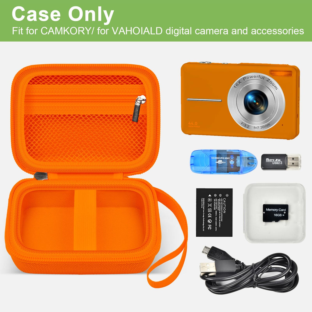 Orange protective digital camera case shown open with compatible compact camera and accessories