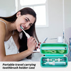 Woman using an electric toothbrush beside the open green travel case