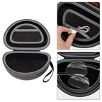 Open black headphone case with mesh accessory pocket and folded over-ear headphones