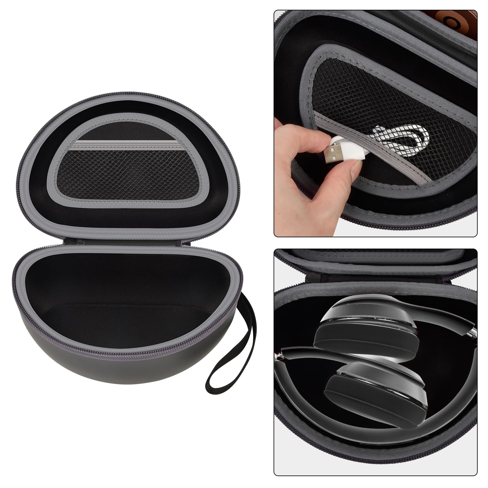 Open black headphone case with mesh accessory pocket and folded over-ear headphones