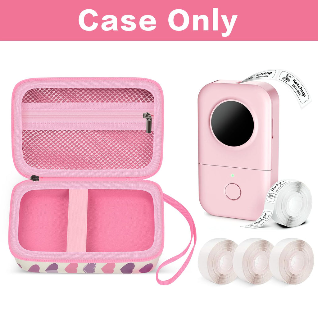 Open pink label maker case with mesh pocket and divided interior; case only
