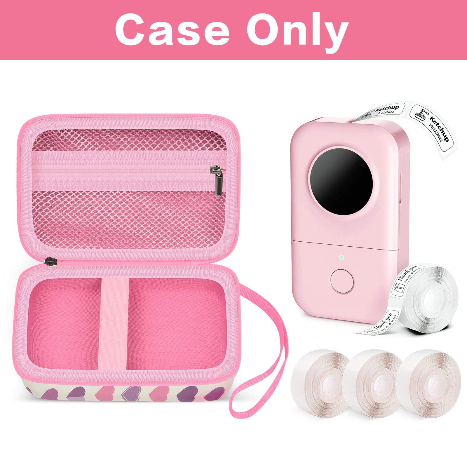 Open pink label maker case with mesh pocket and divided interior; case only