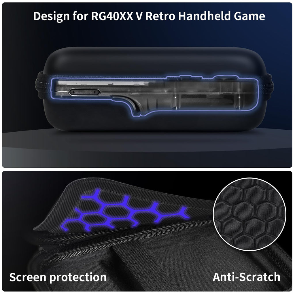 Black retro handheld console carrying case for RG40XX V protective molded shell and scratch-resistant lining detail