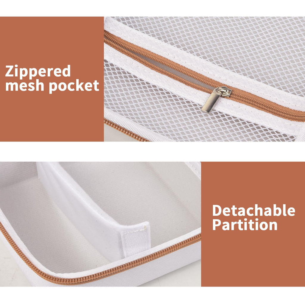 White and tan label maker case interior with zippered mesh pocket and removable partition