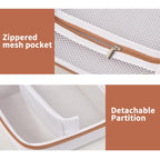 White and tan label maker case interior with zippered mesh pocket and removable partition