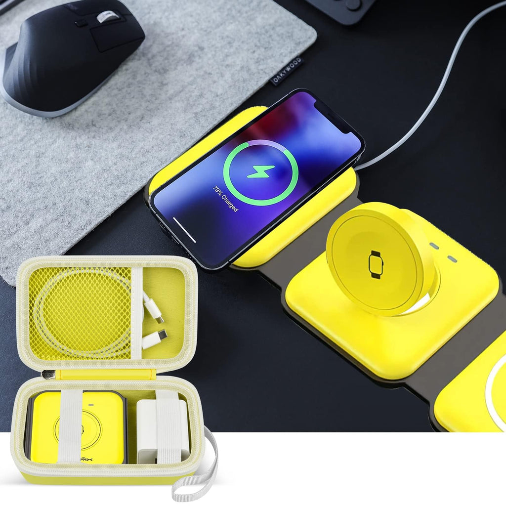 Open yellow organizer beside a foldable magnetic charging station in use on a desk