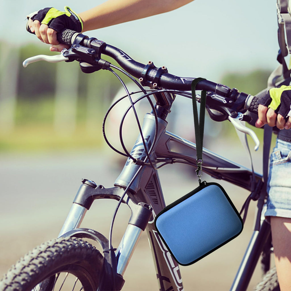 Blue camera case attached to a bicycle handlebar