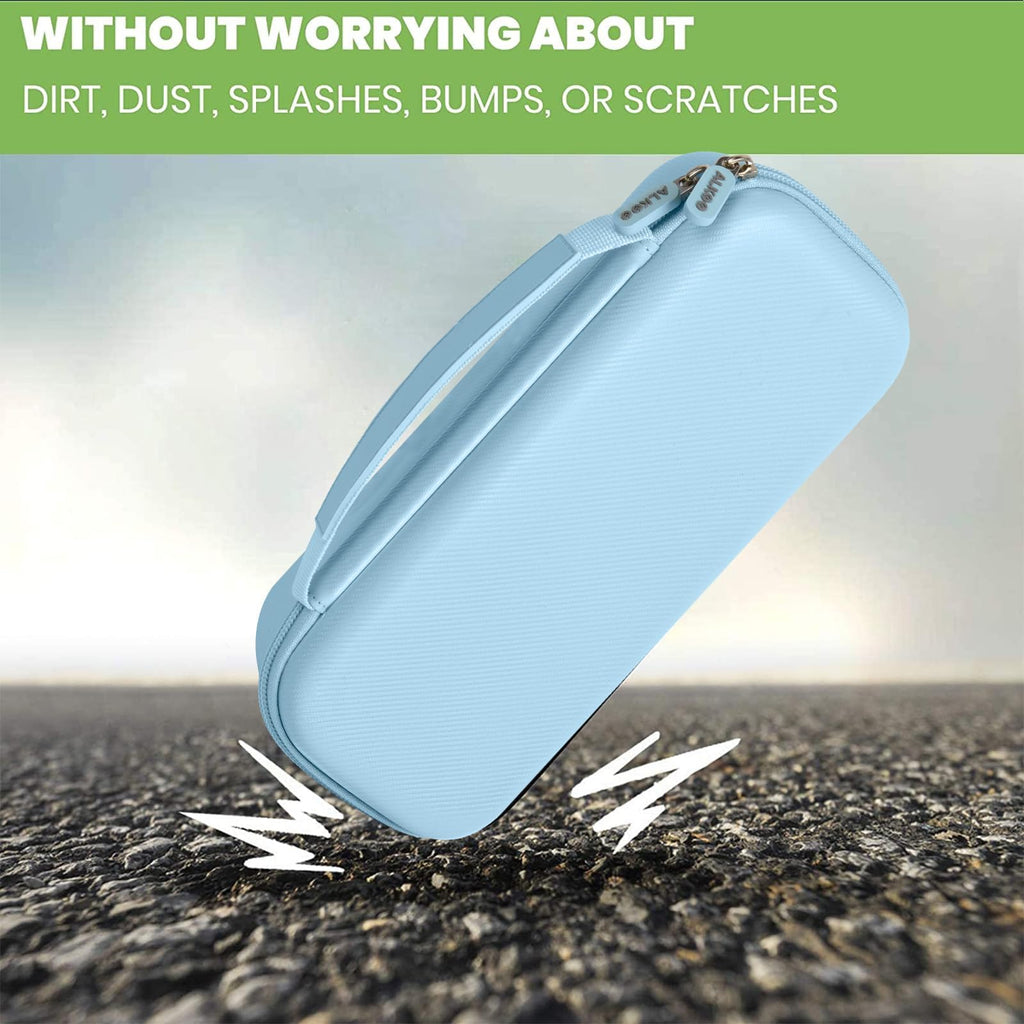 light blue hard stethoscope case shown protecting against bumps and scratches