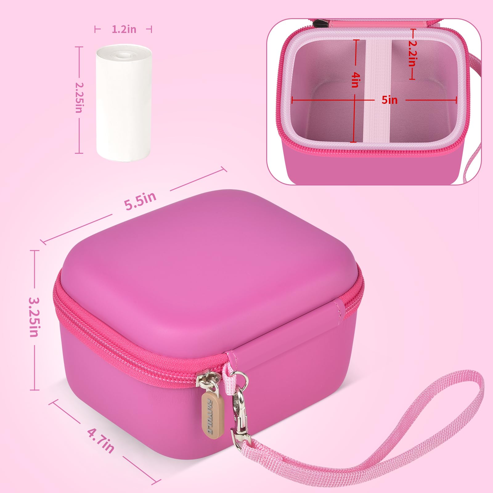 Pink bear-shaped kids instant print camera case dimensions and interior layout overview
