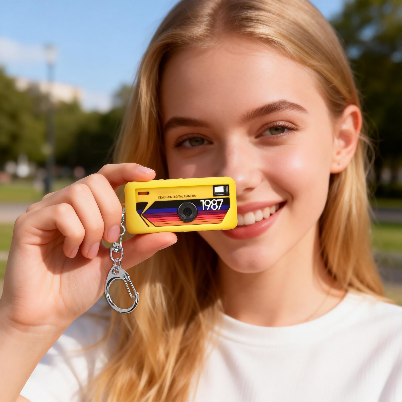Yellow with retro camera graphic silicone case for Kodak Charmera keychain camera shown with a woman holding the camera on its keychain