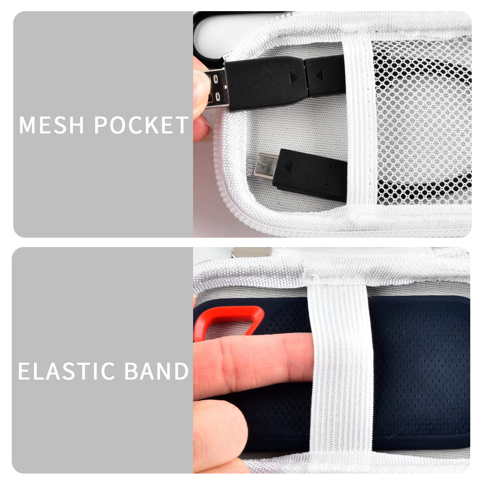 White SSD case interior with mesh cable pocket and elastic drive strap
