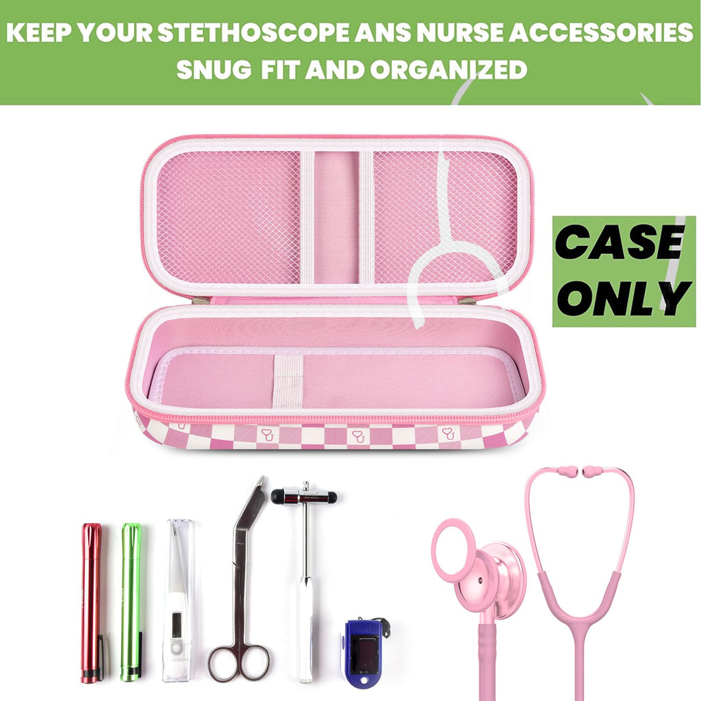 Open pink checkered hard stethoscope case with organized compartments for medical accessories