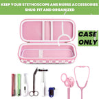Open pink checkered hard stethoscope case with organized compartments for medical accessories
