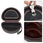 Open brown headphone case with mesh accessory pocket and folded over-ear headphones