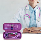purple stethoscope organizer case open beside a seated healthcare professional