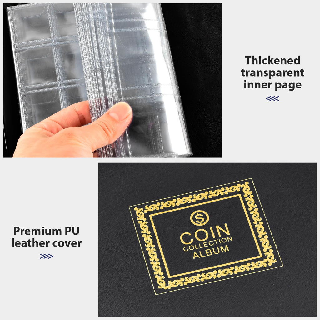 Black coin album with thick transparent pages and premium PU leather cover