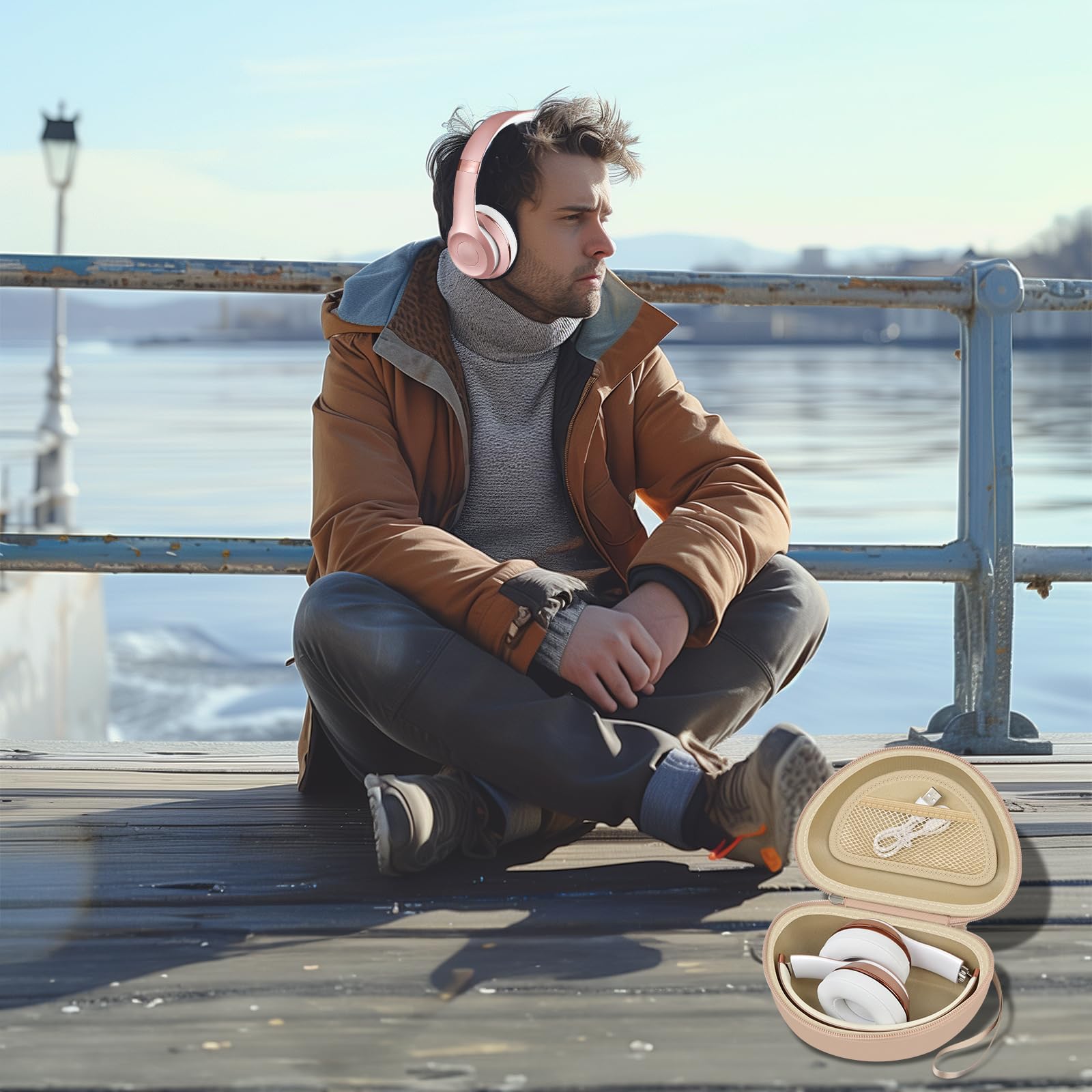 Man wearing headphones beside the open beige travel case at a waterfront
