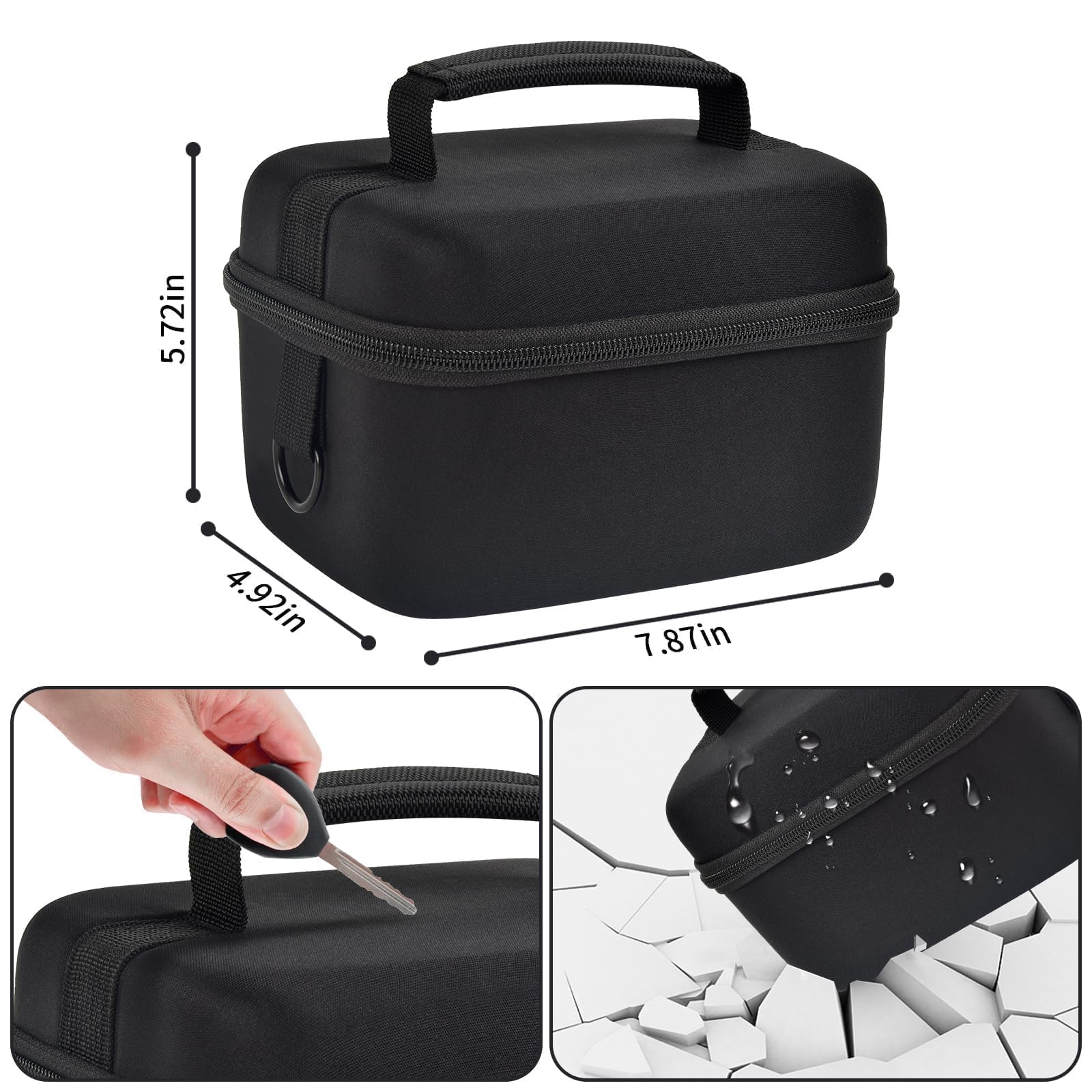 Black camera case dimensions with handle and shock-resistant hard shell