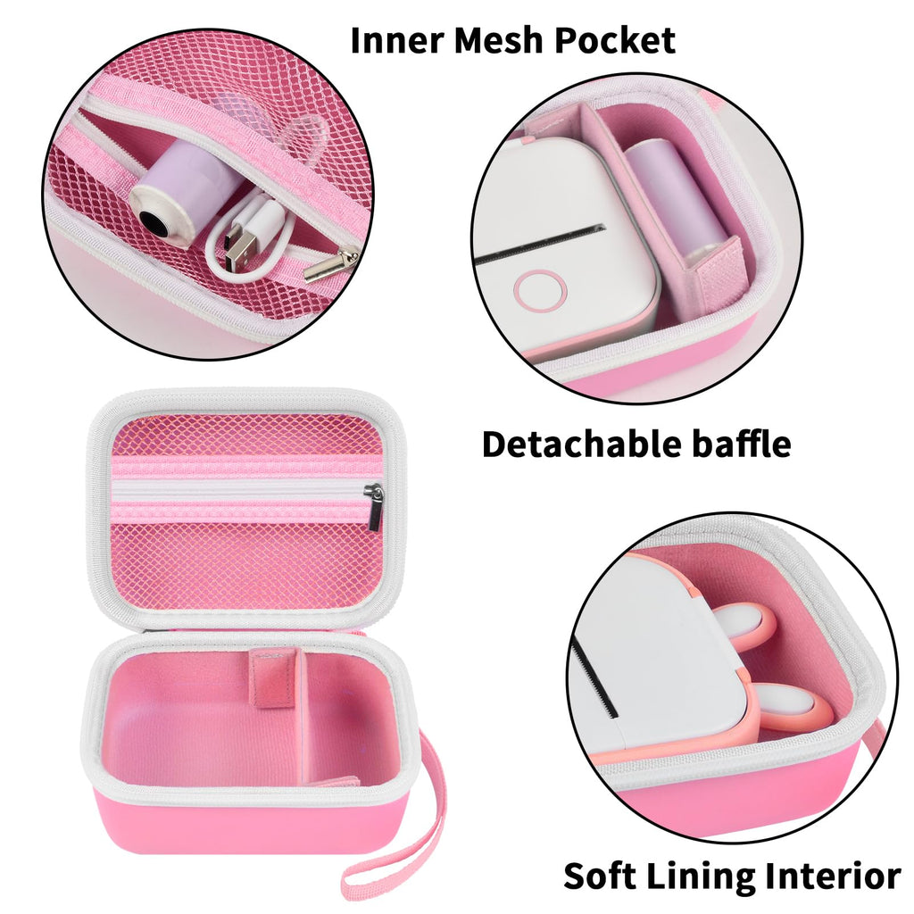 Pink label maker case interior with mesh pocket, removable divider, and soft lining
