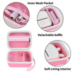 Pink label maker case interior with mesh pocket, removable divider, and soft lining
