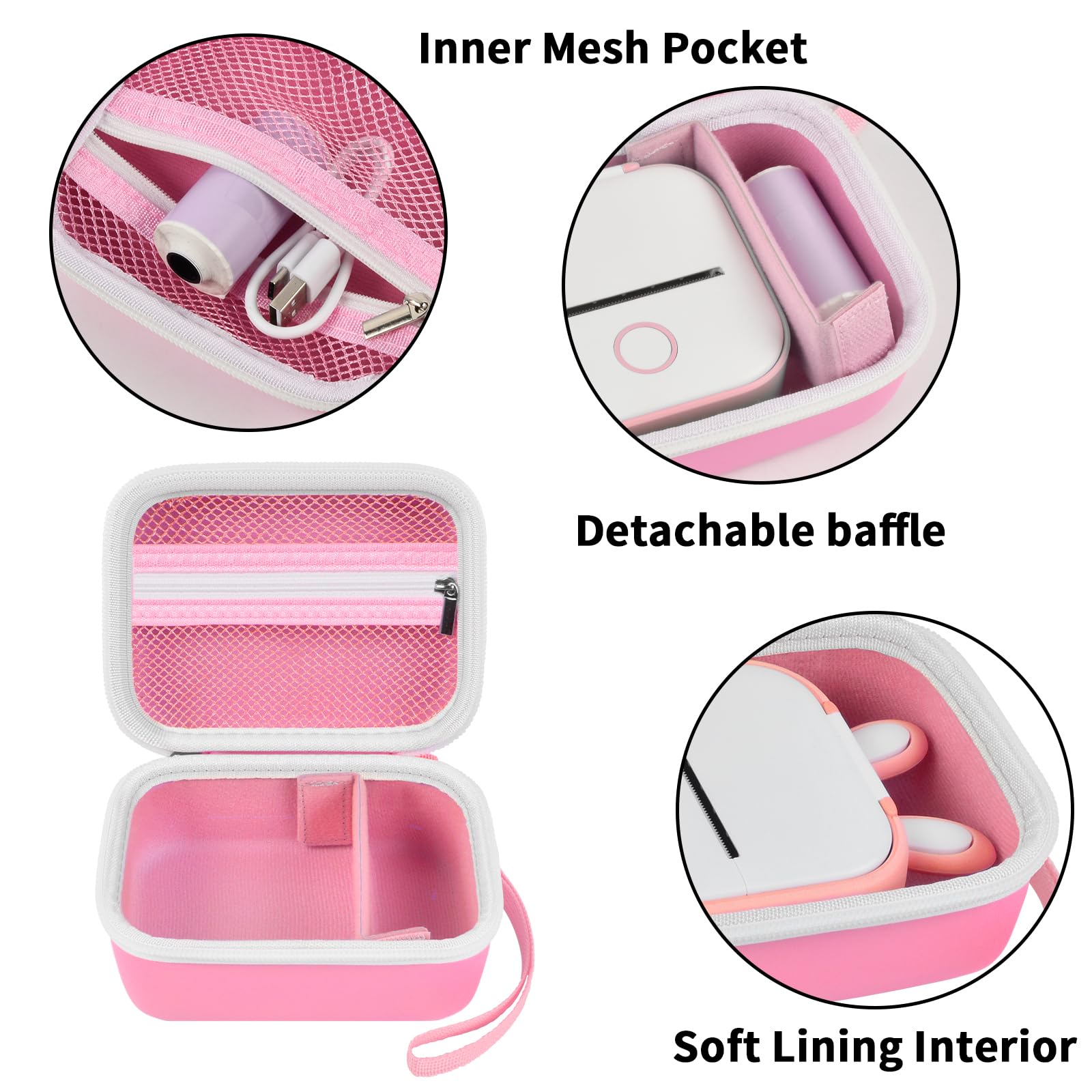 Pink label maker case interior with mesh pocket, removable divider, and soft lining