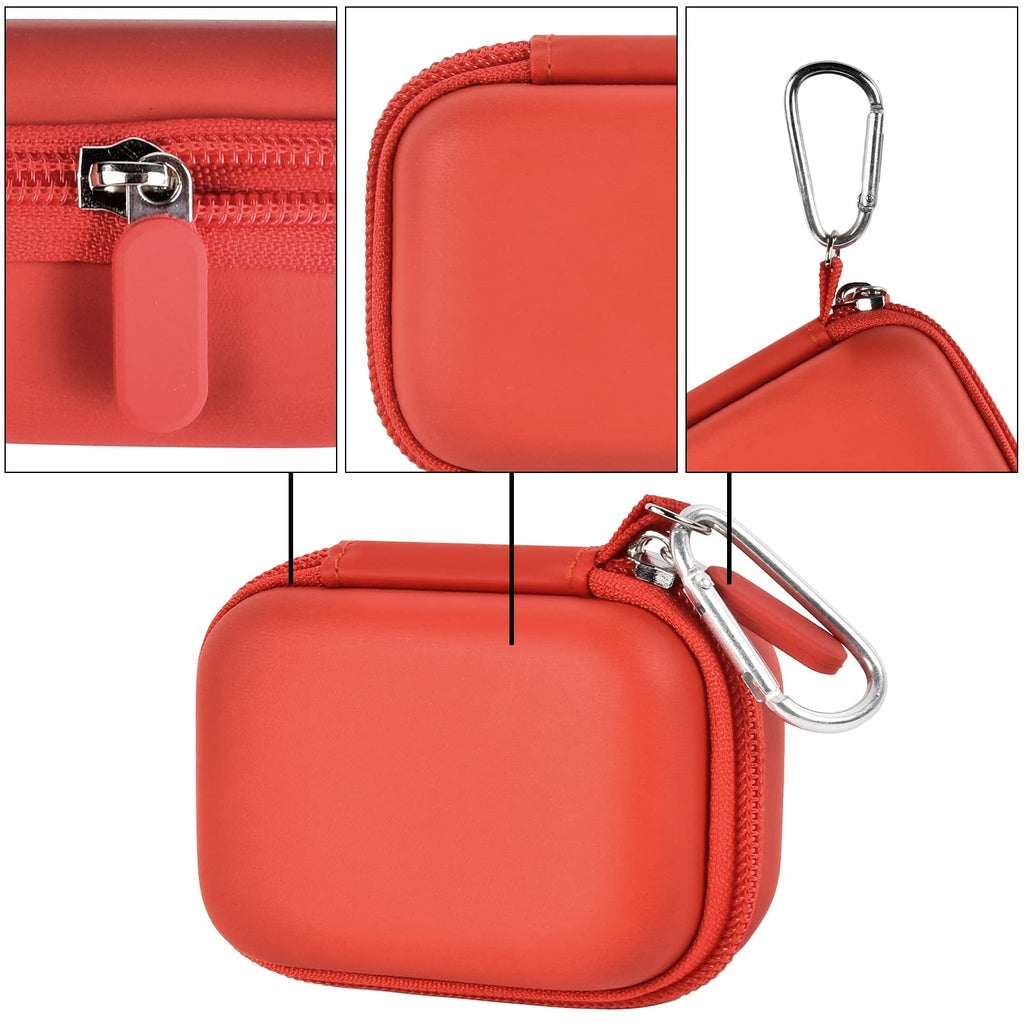 Red mini power bank case with protective shell, zipper, and carabiner details