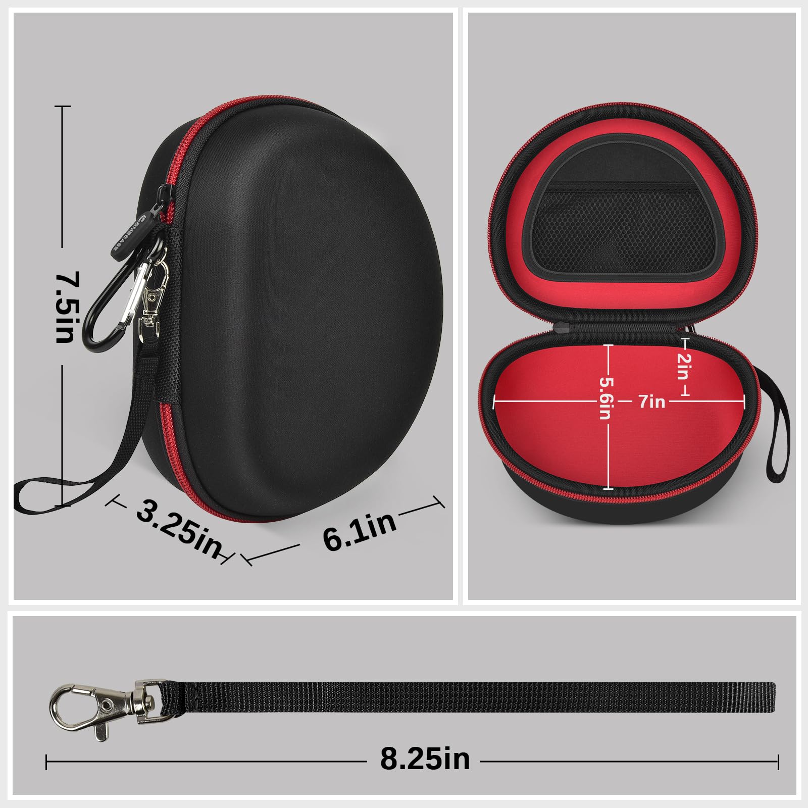 Black extra-large headphone case dimensions with removable 8.25-inch strap
