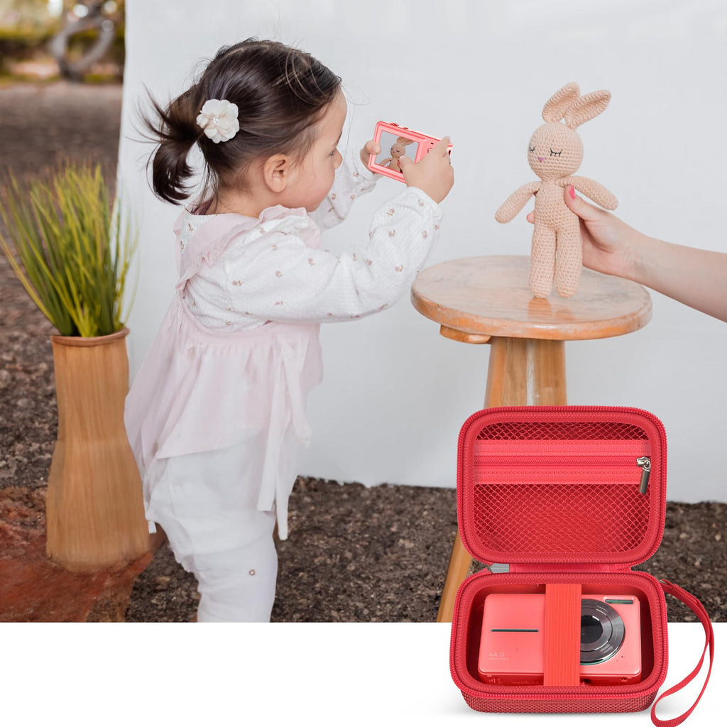 Red protective digital camera case shown beside a child using a compact camera