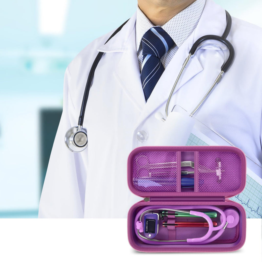 Doctor with an open purple stethoscope organizer case for medical accessories