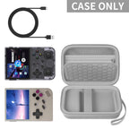 Gray retro handheld console carrying case shown open with compatible retro handheld consoles and cable