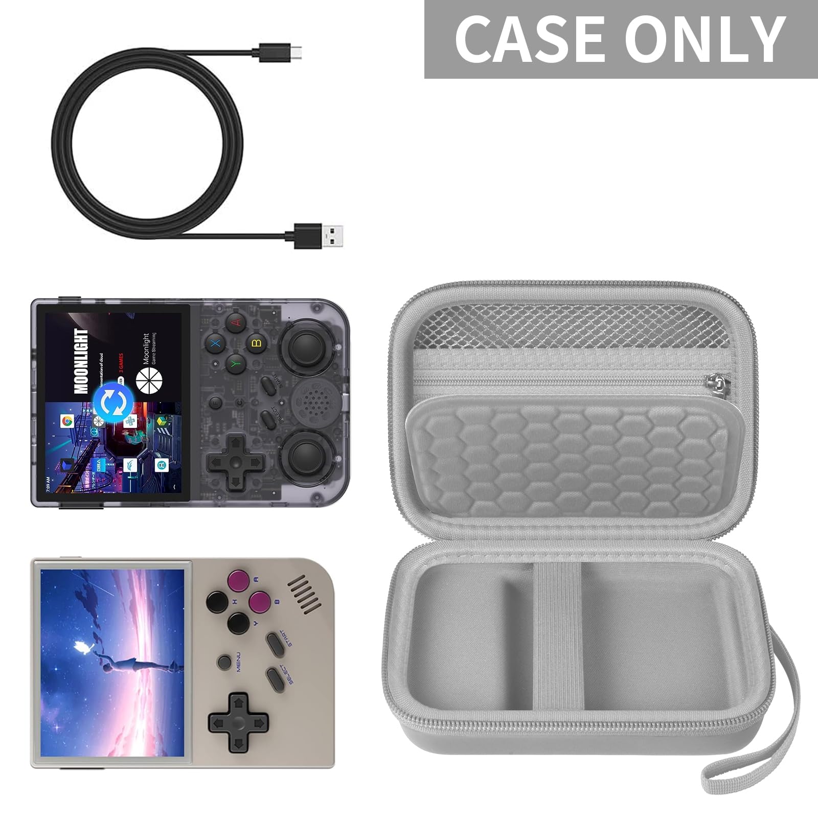 Gray retro handheld console carrying case shown open with compatible retro handheld consoles and cable