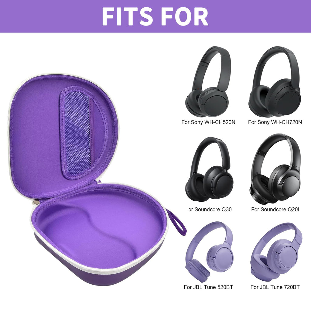 Open purple headphone case shown with compatible Sony and JBL over-ear headphones