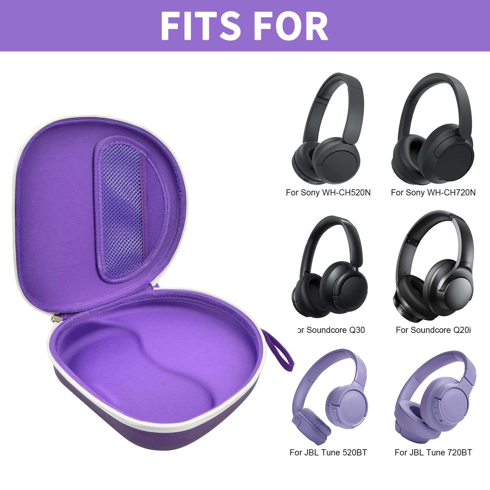 Open purple headphone case shown with compatible Sony and JBL over-ear headphones