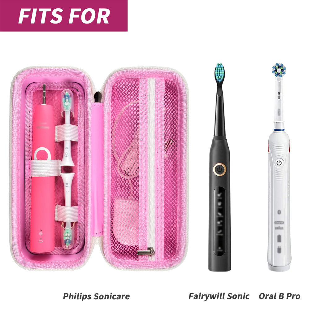 Open pink toothbrush case shown with compatible Oral-B and Philips Sonicare handles