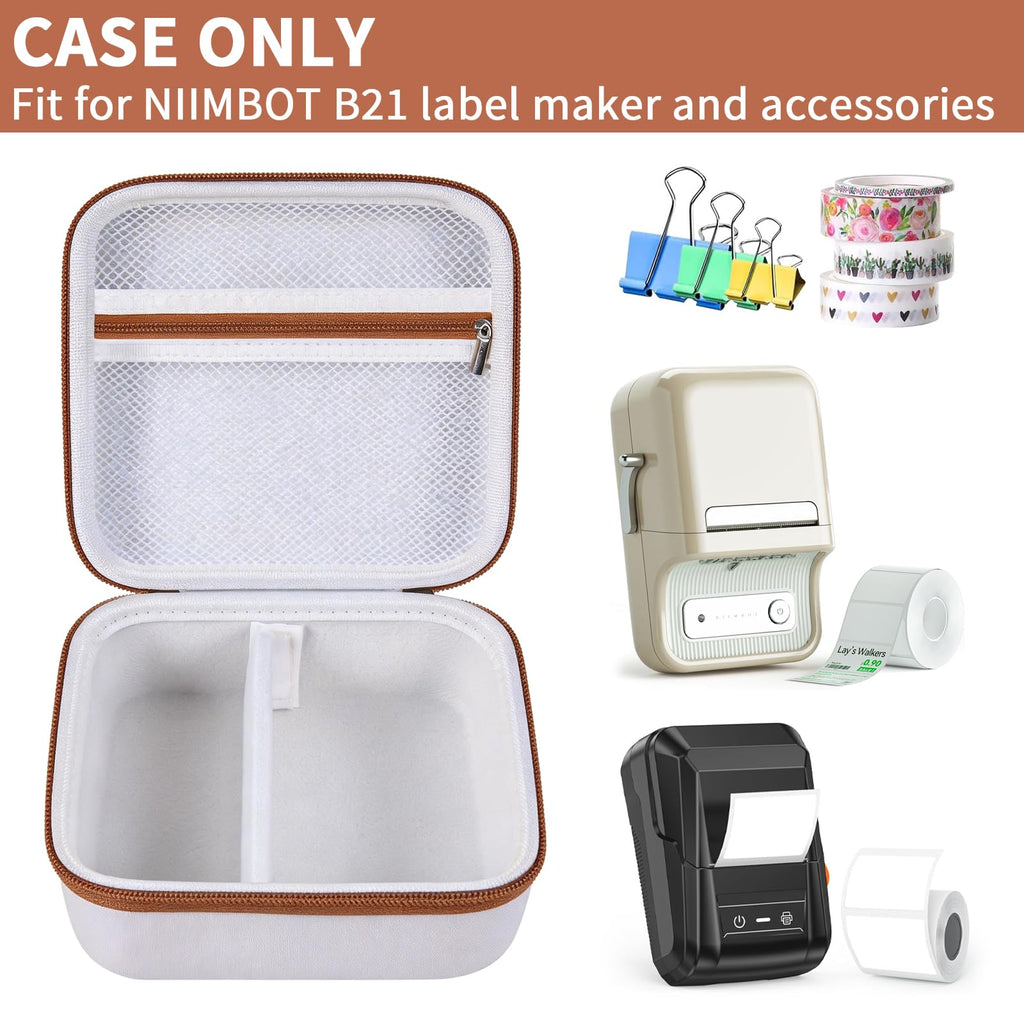 Open white and tan NIIMBOT B21 and B1 label maker case with mesh pocket and divided interior; case only