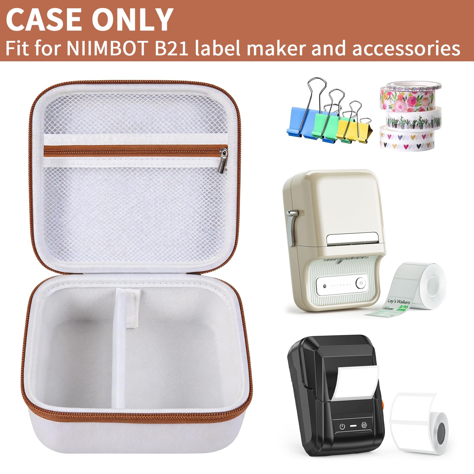 Open white and tan NIIMBOT B21 and B1 label maker case with mesh pocket and divided interior; case only