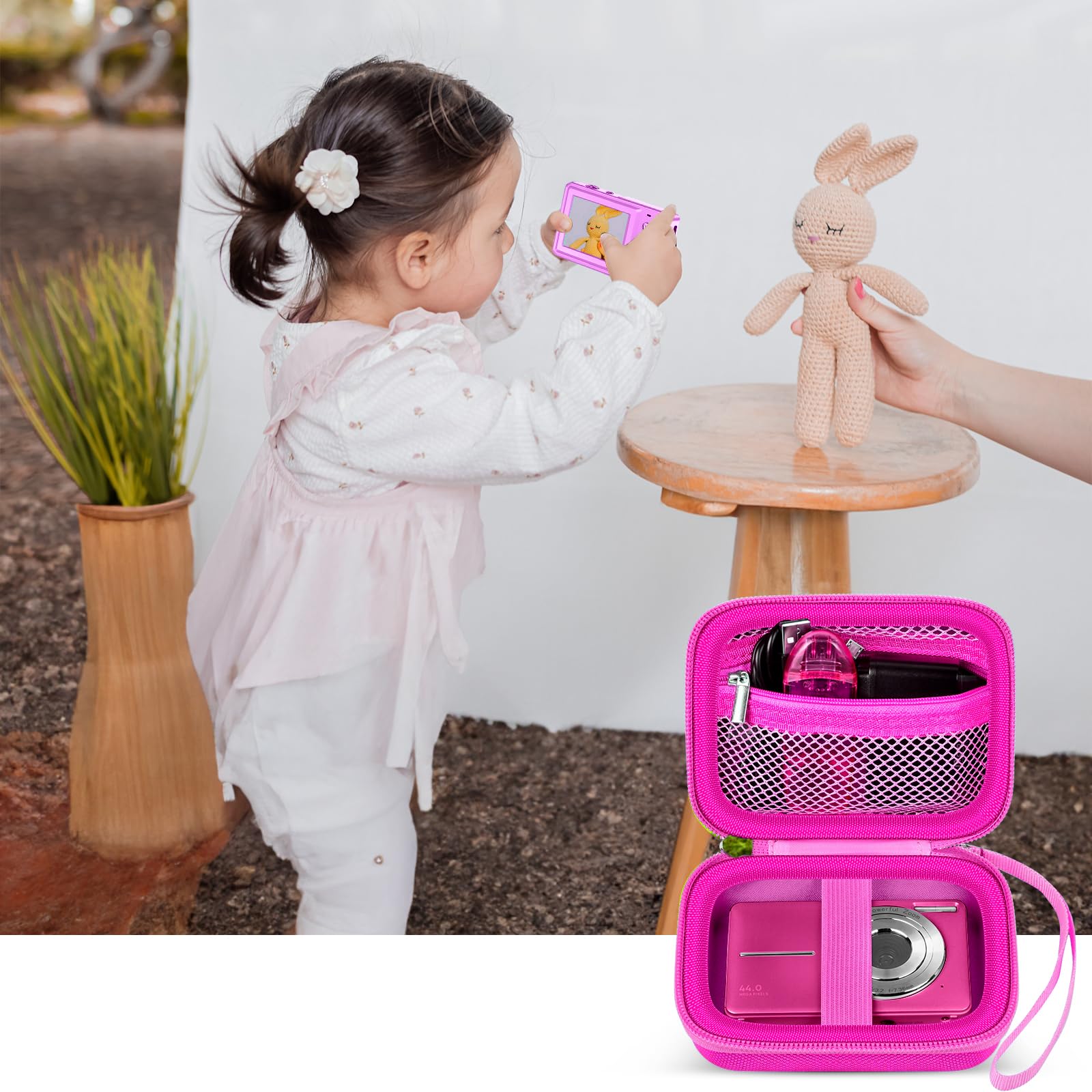 Magenta protective digital camera case shown beside a child using a compact camera