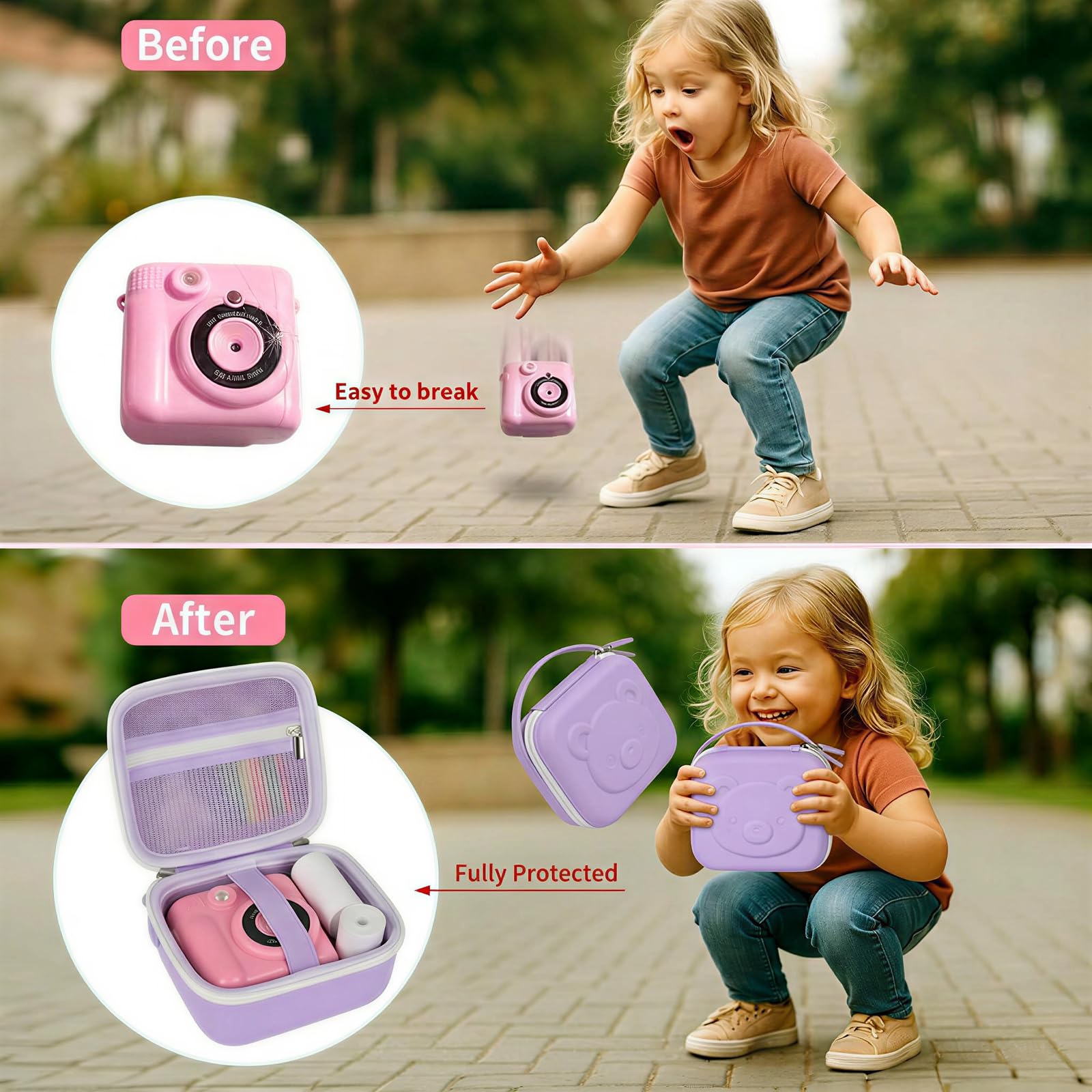 Lavender bear-shaped kids instant print camera case before-and-after storage comparison