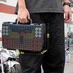 Dark gray 269-slot battery organizer case carried by the handle with case dimensions shown