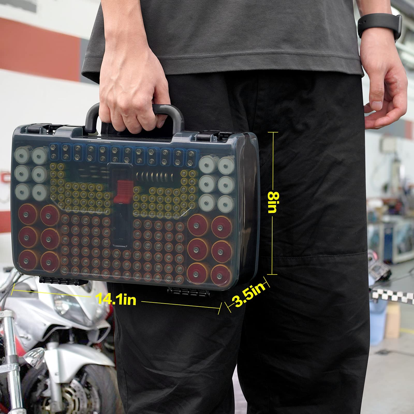 Dark gray 269-slot battery organizer case carried by the handle with case dimensions shown