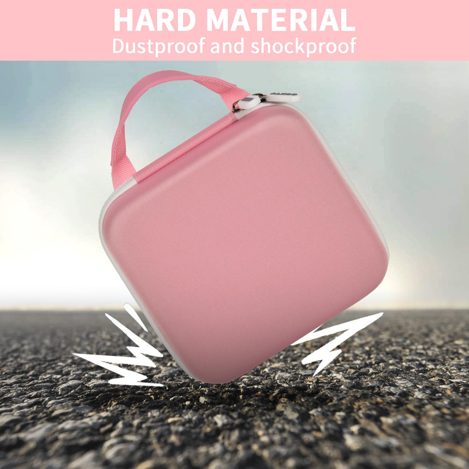 Pink NIIMBOT printer case demonstrating dustproof and shockproof hard-shell protection