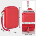 Red retro handheld console carrying case dimensions, wrist strap, shell material and zipper overview