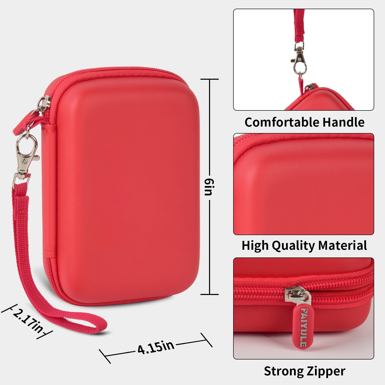 Red retro handheld console carrying case dimensions, wrist strap, shell material and zipper overview
