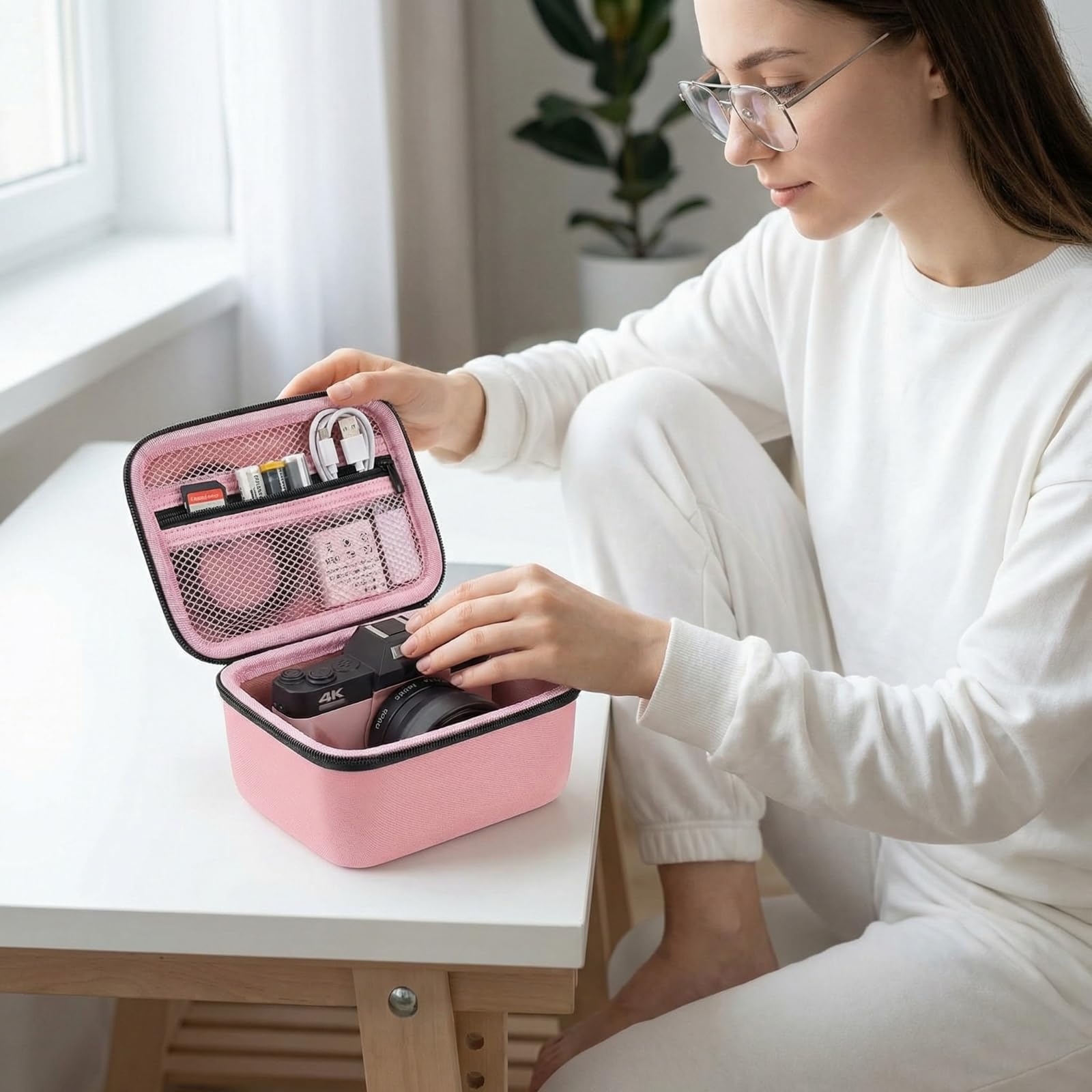 Woman arranging camera gear inside the pink organizer