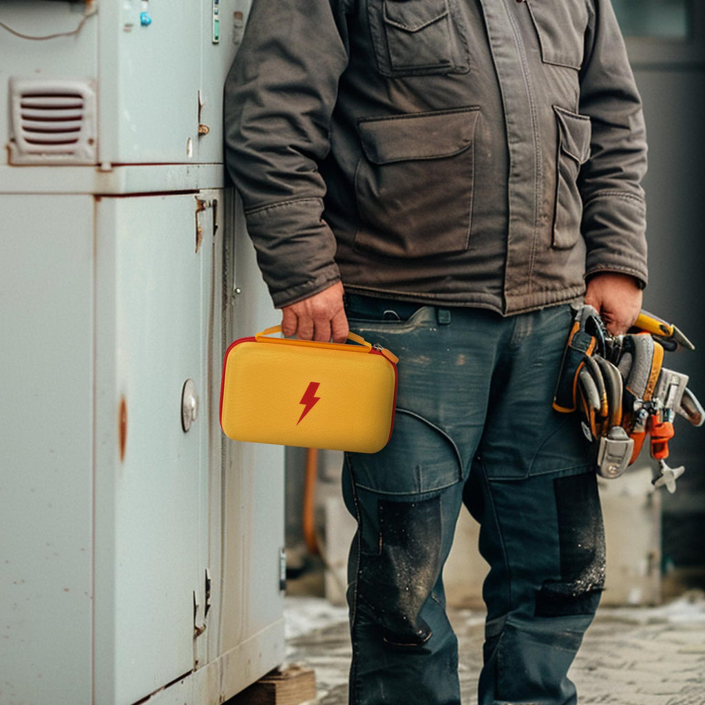 Technician carrying the yellow and red multimeter case by its top handle