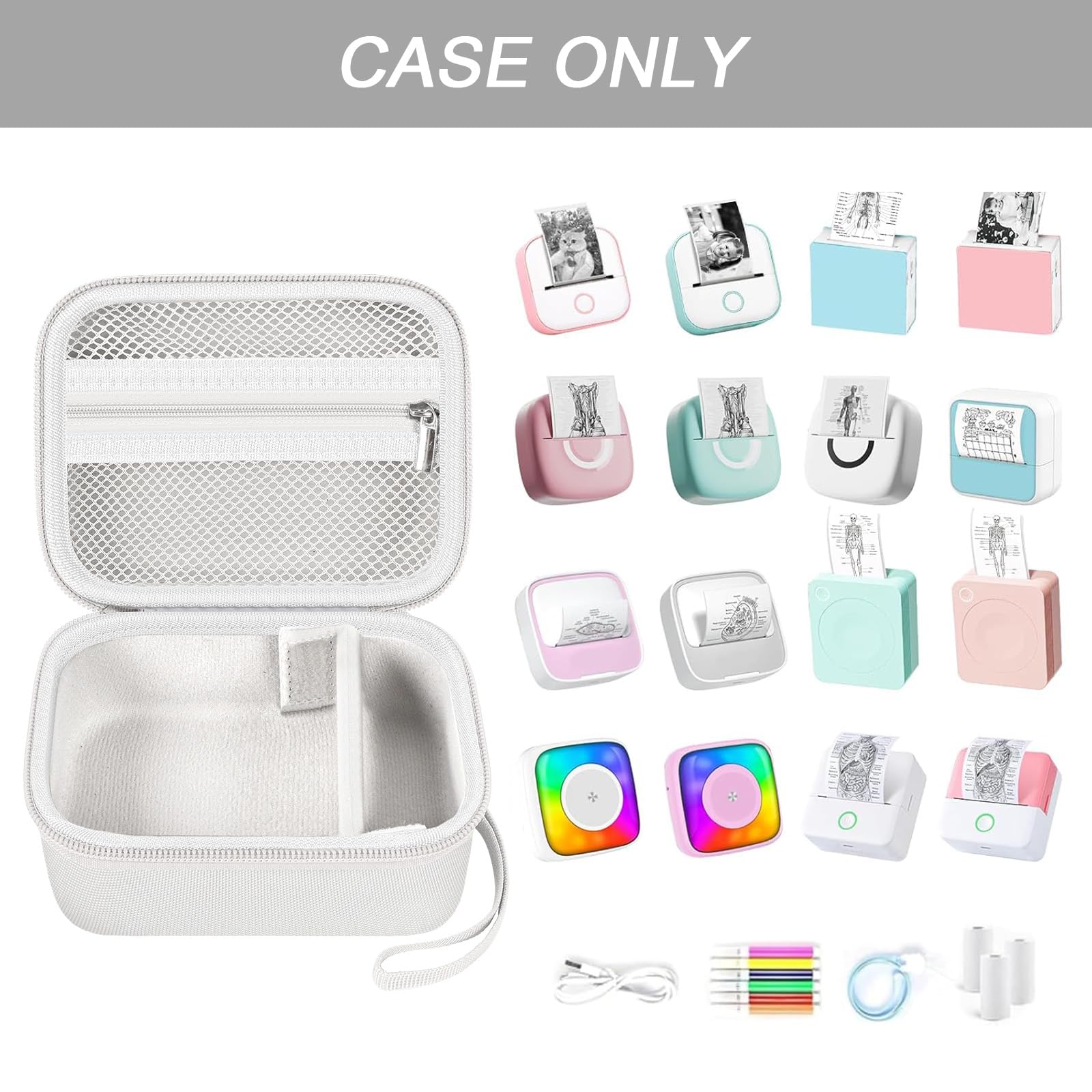 Open white mini label printer case shown with compatible Memoking and Phomemo printers; case only