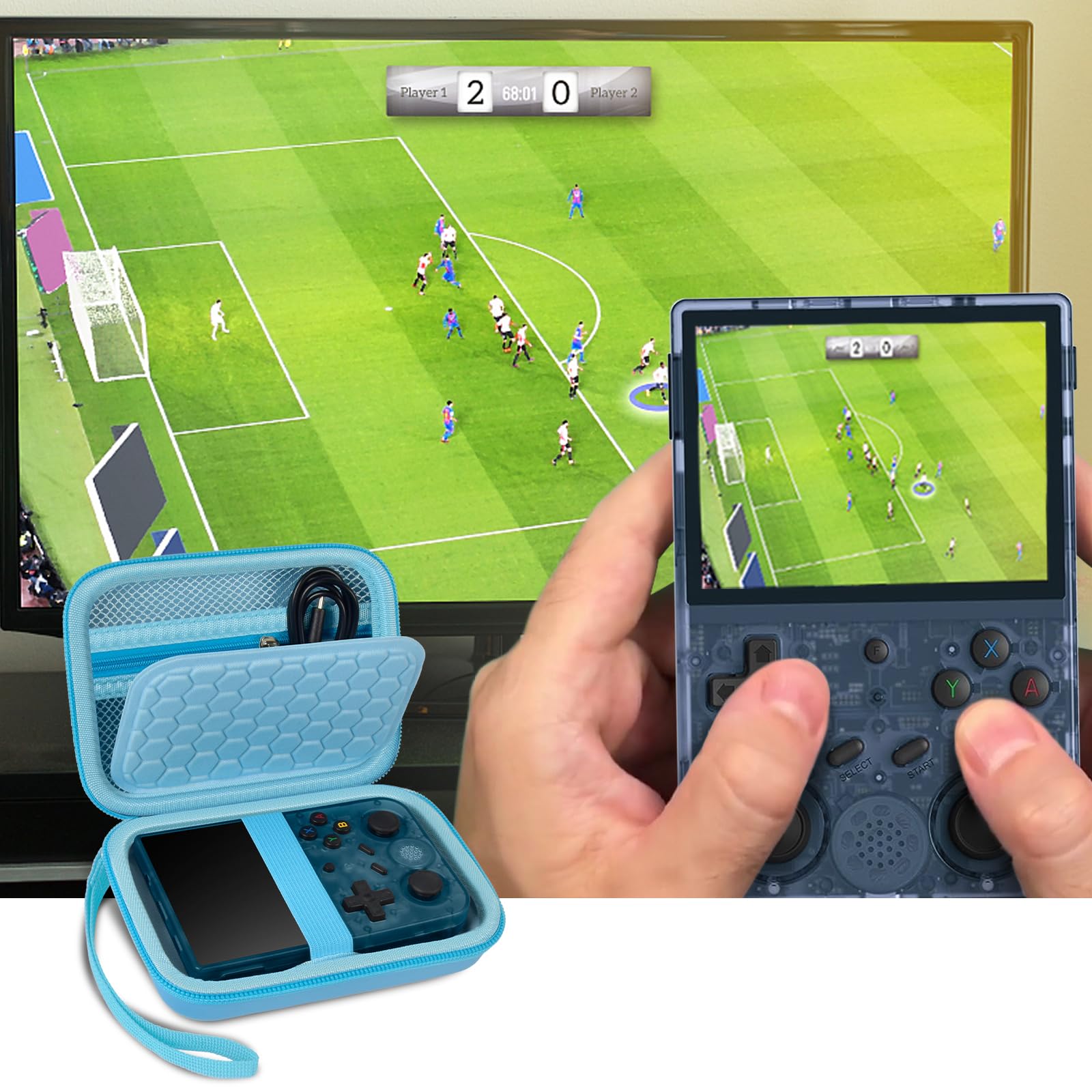 Light blue retro handheld console carrying case shown open beside a handheld console during gameplay